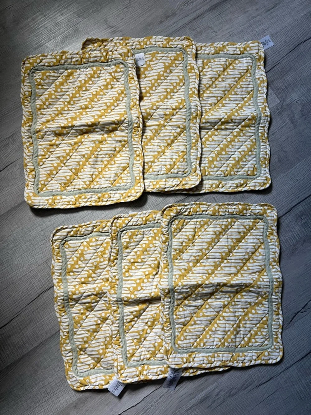 WEST ELM x RHODE 6 pc Batik Cotton Placemats Cottagecore Yellow Green Scalloped